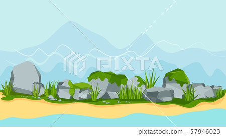 Pile of large gray mossy boulder stones 57946023