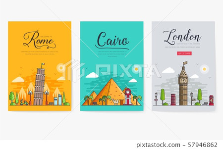 Set of different cities for travel destinations. landmarks banner template of flyer, magazines Set of different cities for travel destinations. landmarks banner template of flyer, magazines 57946862