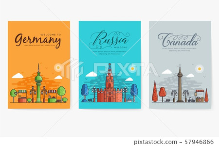 Set of outline different cities for travel destinations. Landmarks banner thin line of flyer Set of outline different cities for travel destinations. Landmarks banner thin line of flyer 57946866