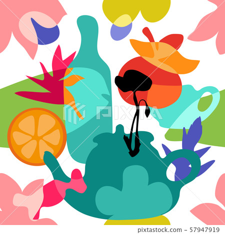 Seamless pattern with glassware, fruits,  flowers. 57947919