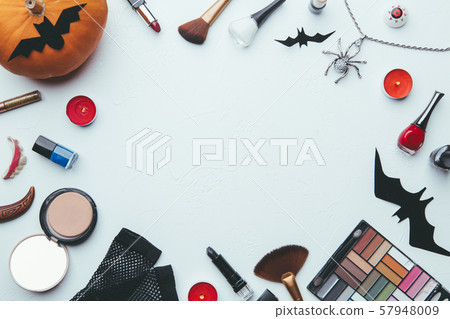 Image of shadows, brushes, halloween spider, ghost on empty white background. 57948009