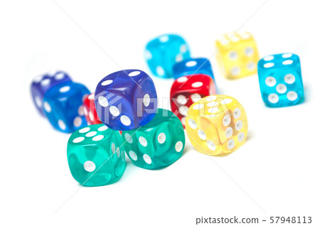 Closeup of colorful dices on white background 57948113