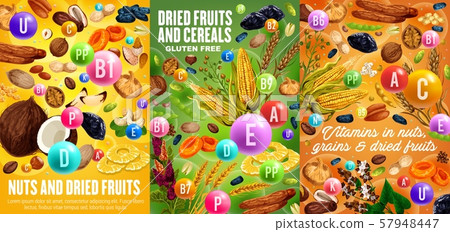 Dried fruits, nuts and cereals, vitamins Dried fruits, nuts and cereals, vitamins 57948447