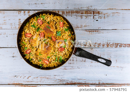 Asian rice and pasta with chicken and vegetables. Asian rice and pasta with chicken and vegetables. 57948791