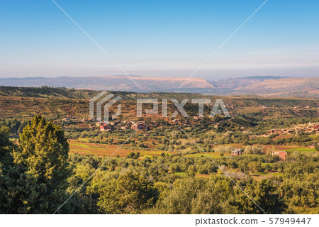 View over villages of Tizi N'Tichka pass in the Atlas mountains, Morocco 57949447