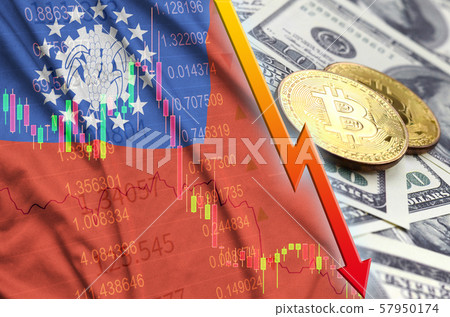 Myanmar flag and cryptocurrency falling trend with 57950174