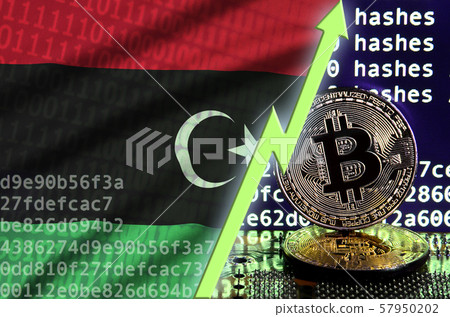 Libya flag and rising green arrow on bitcoin 57950202