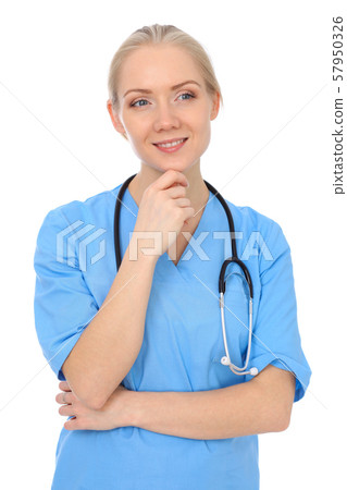Doctor woman or nurse isolated over white background. Cheerful smiling medical staff representative Doctor woman or nurse isolated over white background. Cheerful smiling medical staff representative 57950326