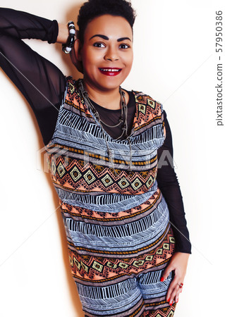 young pretty african american woman happy smiling posing against white background, lifestyle people young pretty african american woman happy smiling posing against white background, lifestyle people 57950386