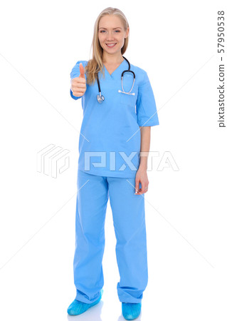 Doctor woman or nurse isolated over white background. Cheerful smiling medical staff representative 57950538