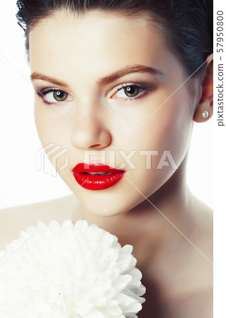 young brunette woman close up isolated on white background with flower, spa healthcare people young brunette woman close up isolated on white background with flower, spa healthcare people 57950800
