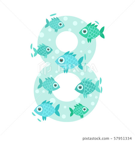 Number 8 and eight fish. Vector illustration on a white background. Number 8 and eight fish. Vector illustration on a white background. 57951334