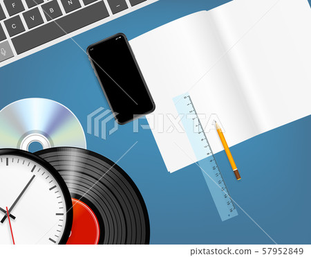 Different objects on a blue table. Music 57952849