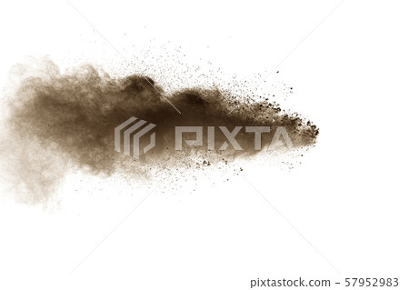 Abstract deep brown dust explosion on white background. Freeze motion of coffee liked color dust splash. Abstract deep brown dust explosion on white background. Freeze motion of coffee liked color dust splash. 57952983