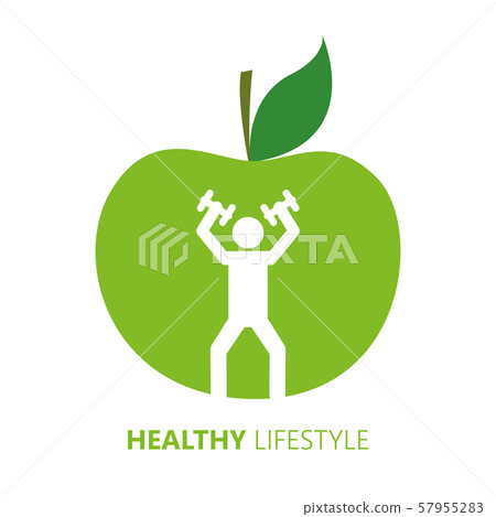 healthy lifestyle person with dumbbell and green apple healthy lifestyle person with dumbbell and green apple 57955283