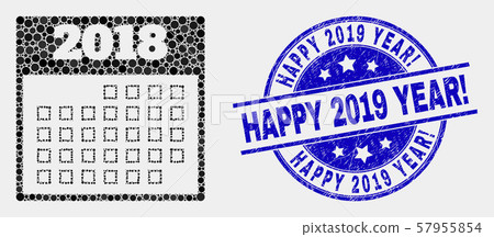 Vector Pixel 2018 Calendar Page Icon and Grunge Happy 2019 Year exclamation Watermark 57955854