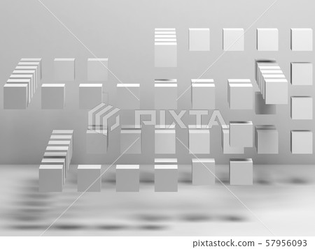 3d flying cubes installation in empty white room 57956093