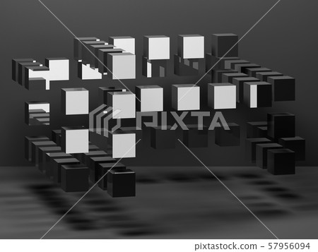 Shiny black flying cubes installation 3 d 57956094
