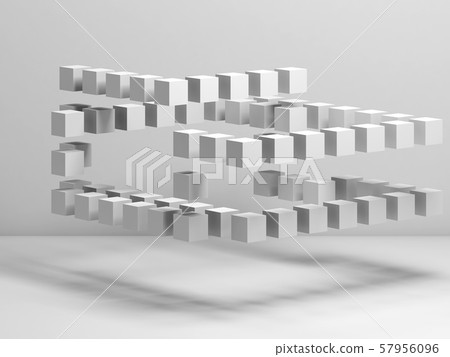 White flying cubes structure in empty room 3d White flying cubes structure in empty room 3d 57956096