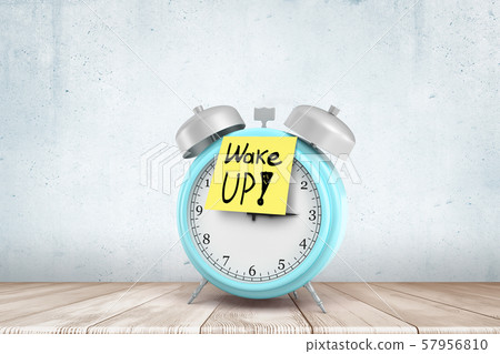 3d rendering of blue alarm clock with yellow 'Wake up' sign on white wooden floor and white wall 3d rendering of blue alarm clock with yellow 'Wake up' sign on white wooden floor and white wall 57956810