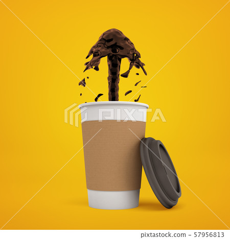 3d rendering of paper coffee cup with coffee gushing out on yellow background 57956813