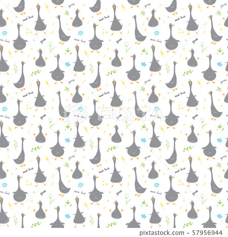 Cute Goose Seamless Pattern, Cartoon Hand Drawn Goose Doodles Vector Background Illustration . 57956944