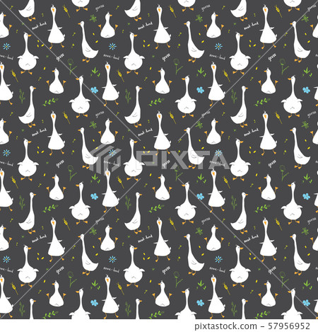 Cute Goose Seamless Pattern, Cartoon Hand Drawn Goose Doodles Vector Background Illustration . 57956952