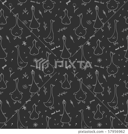 Cute Goose Seamless Pattern, Cartoon Hand Drawn Goose Doodles Vector Background Illustration . 57956962