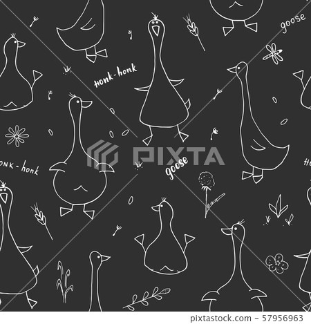 Cute Goose Seamless Pattern, Cartoon Hand Drawn Goose Doodles Vector Background Illustration . 57956963
