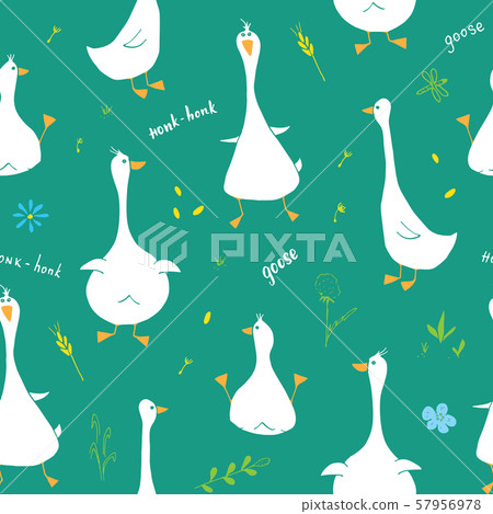 Cute Goose Seamless Pattern, Cartoon Hand Drawn Goose Doodles Vector Background Illustration . Cute Goose Seamless Pattern, Cartoon Hand Drawn Goose Doodles Vector Background Illustration . 57956978