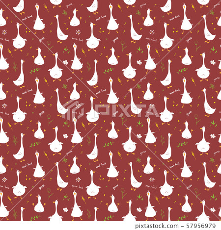 Cute Goose Seamless Pattern, Cartoon Hand Drawn Goose Doodles Vector Background Illustration . 57956979