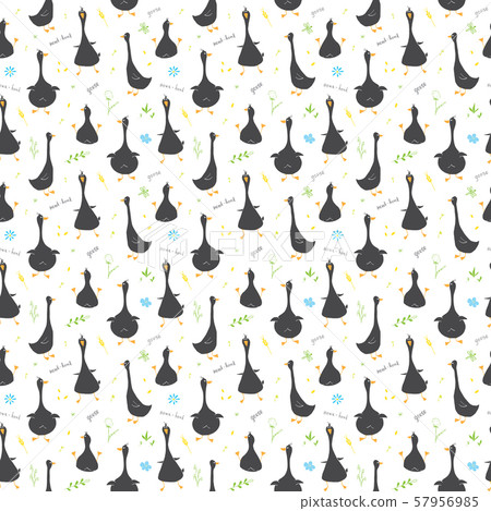Cute Goose Seamless Pattern, Cartoon Hand Drawn Goose Doodles Vector Background Illustration . 57956985