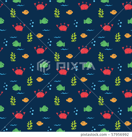 Cute Crab and fishes Seamless Pattern, Cartoon Hand Drawn Animal Doodles Vector Illustration Background. 57956992