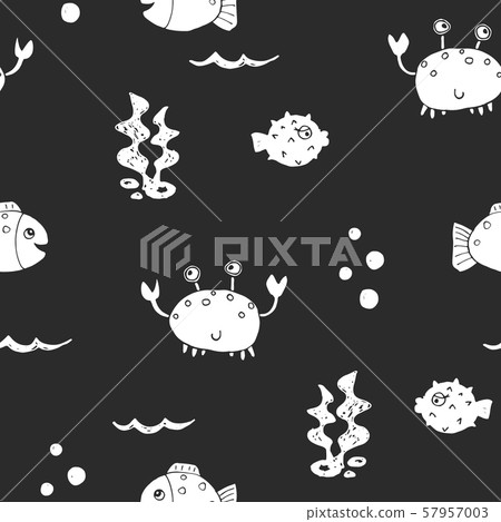 Cute Crab and fishes Seamless Pattern, Cartoon Hand Drawn Animal Doodles Vector Illustration Background. 57957003