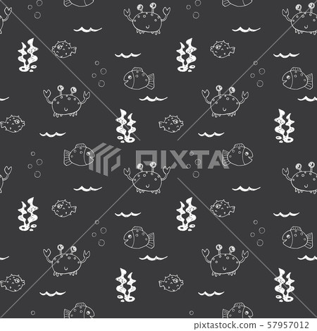 Cute Crab and fishes Seamless Pattern, Cartoon Hand Drawn Animal Doodles Vector Illustration Background. Cute Crab and fishes Seamless Pattern, Cartoon Hand Drawn Animal Doodles Vector Illustration Background. 57957012
