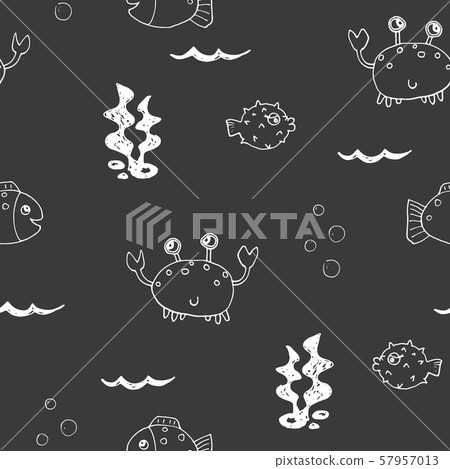 Cute Crab and fishes Seamless Pattern, Cartoon Hand Drawn Animal Doodles Vector Illustration Background. Cute Crab and fishes Seamless Pattern, Cartoon Hand Drawn Animal Doodles Vector Illustration Background. 57957013