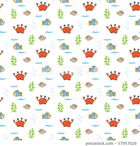 Cute Crab and fishes Seamless Pattern, Cartoon... - Stock Illustration ...