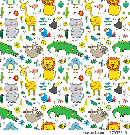 Cute Animals Seamless Pattern, Cartoon Hand Drawn Animal Doodles Vector Illustration. 57957249