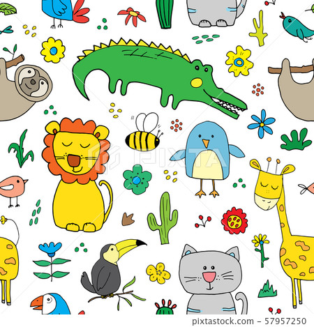 Cute Animals Seamless Pattern, Cartoon Hand Drawn Animal Doodles Vector Illustration. 57957250