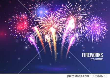 Festive fireworks. Realistic colorful firework on blue abstract background. Multicolored explosion Festive fireworks. Realistic colorful firework on blue abstract background. Multicolored explosion 57960768
