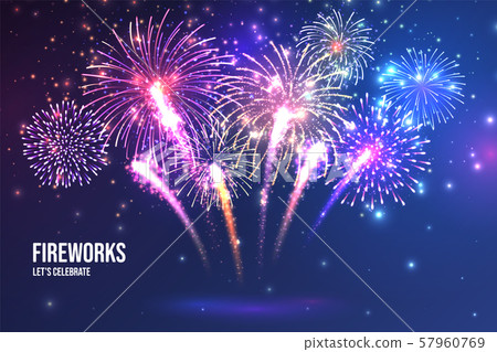 Festive fireworks. Realistic colorful firework on blue abstract background. Multicolored explosion Festive fireworks. Realistic colorful firework on blue abstract background. Multicolored explosion 57960769