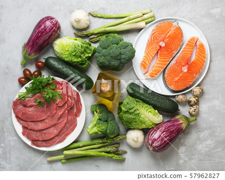 Atkins Diet food ingredients on concrete Atkins Diet food ingredients on concrete 57962827