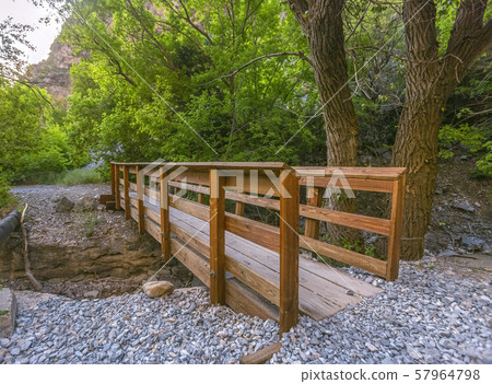 Wood bridge over stream with trees and sunny sky 57964798