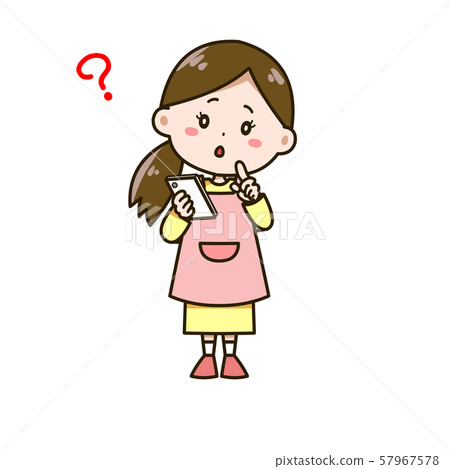 A woman posing wondering by looking at her smartphone Illustration 57967578