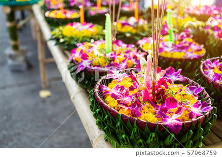 Krathong of floating basket by banana leaf Thai 57968759