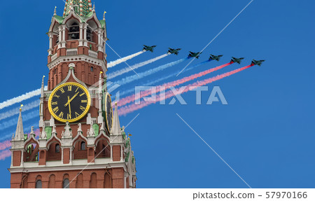 Spasskaya Tower and Russian military aircrafts. Moscow Kremlin, Russia (day) 57970166