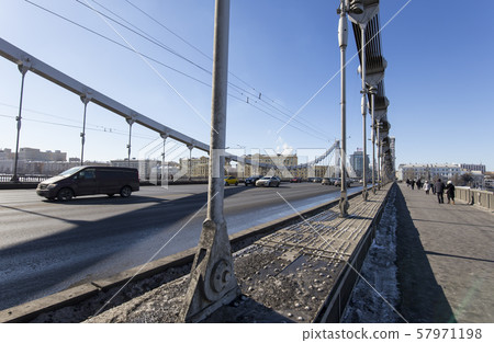 Krymsky Bridge or Crimean Bridge (winter day) is a steel suspension bridge in Moscow, Russia. The bridge spans the Moskva River 1800 metres south-west from the Kremlin 57971198