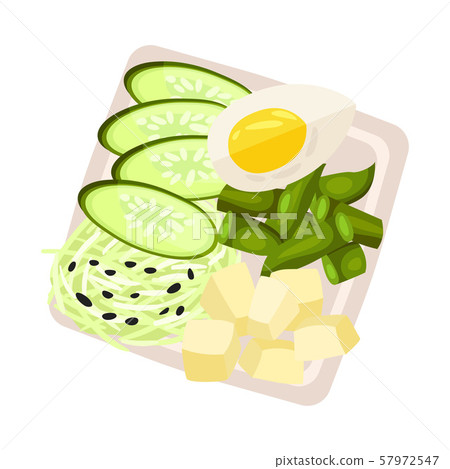 Boiled egg and cheese cubes with vegetables on a plate. Vector illustration. Boiled egg and cheese cubes with vegetables on a plate. Vector illustration. 57972547