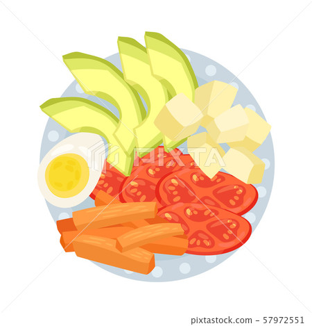Cubes of cheese with vegetables on a round plate. Vector illustration. 57972551