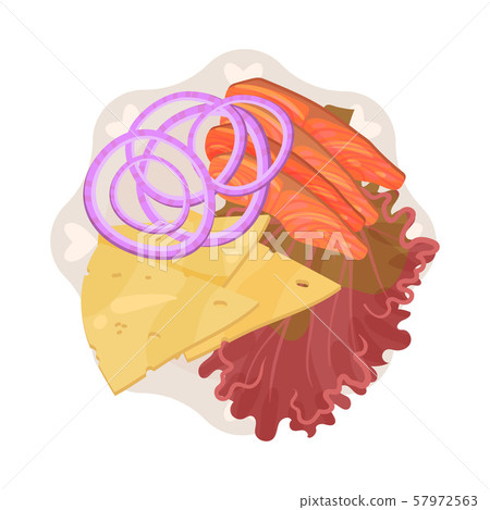 Slices of red fish and cheese on a round plate with wavy edges. Vector illustration. 57972563